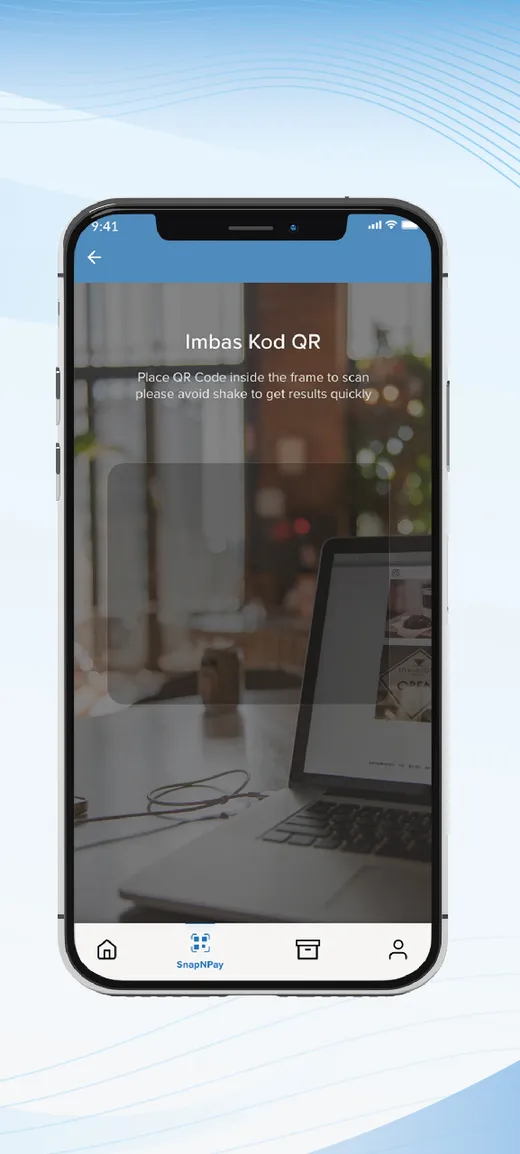 The SnapNPay app's Imbas Kod QR (scan QR code) screen